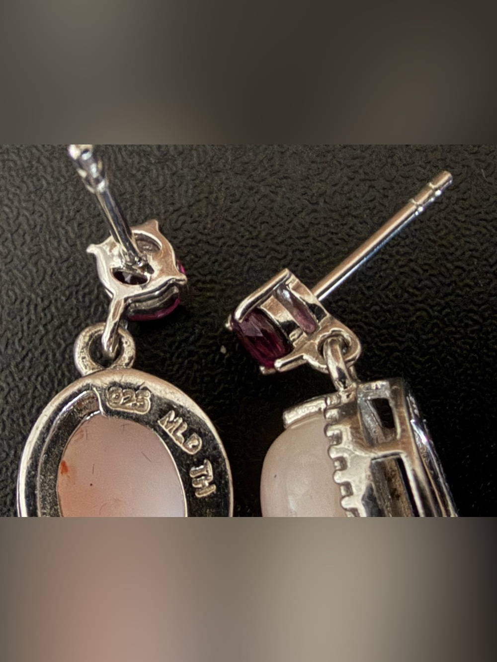 VINTAGE MLD TH 925 STERLING SILVER PINK OPAL & RHODOLITE GARNET DANGLE EARRINGS - Picture 8 of 12